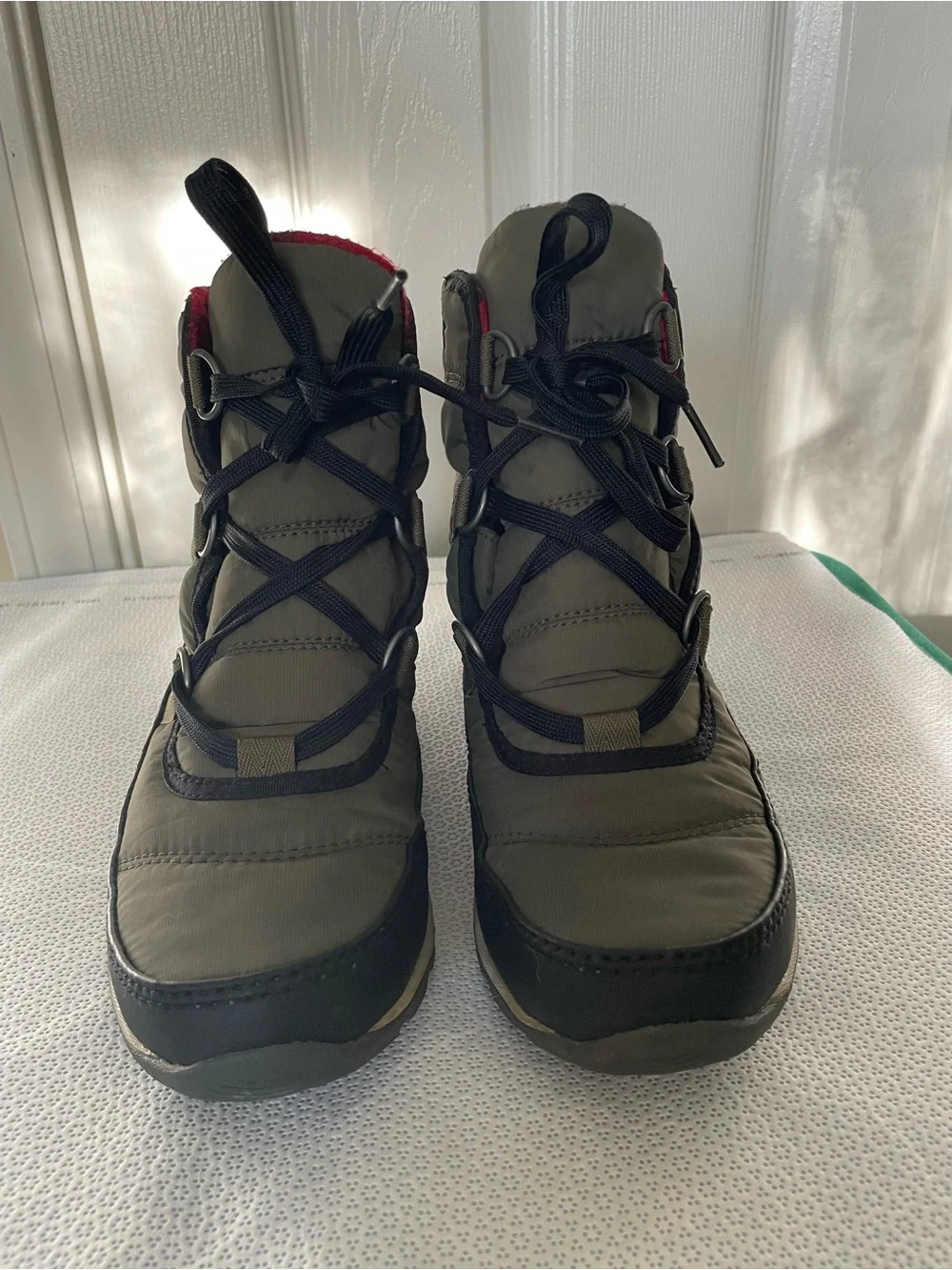 Sorel Olive Green and Black Lace-Up Winter Boots with Red Lining